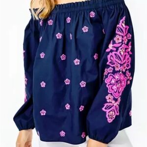 Lilly Pulitzer Jaeda Off-Shoulder Floral Embroidered Sequins Blouse Size S sku10